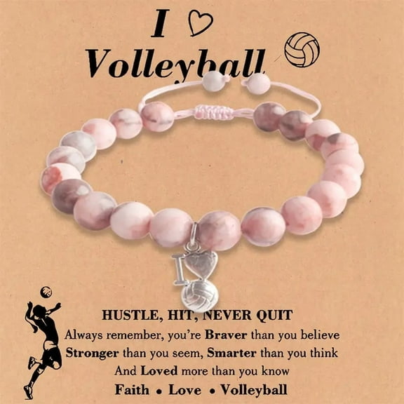 Volleyball Lover Bracelet - Pink Zebra Stone Beads with 'I Love Volleyball' Charm | Adjustable Stretch Sport Bracelet for Women & Girls