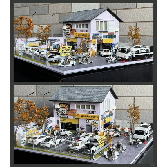 Diorama 1/64 Diecast Garage Model with LED Lighting, City Repairs Factory Scene Display Case, Car Parking Lot Display Model