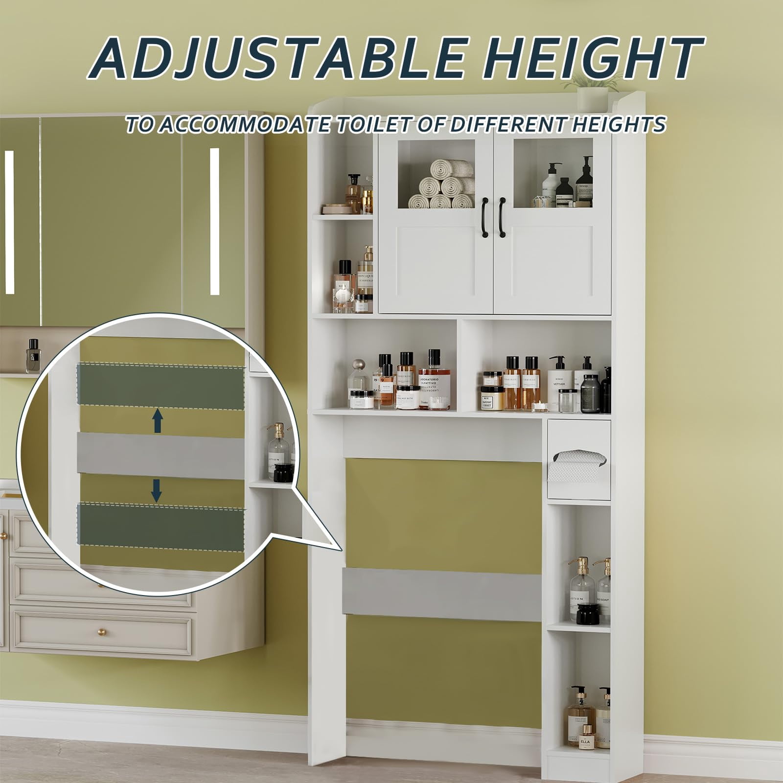 Ataujin 67.4" Tall Over Toilet Storage Cabinet, Freestanding or Wall-Mounted Toilet Organizer with Glass Door & Adjustable Shelves for Bathroom & Laundry Room