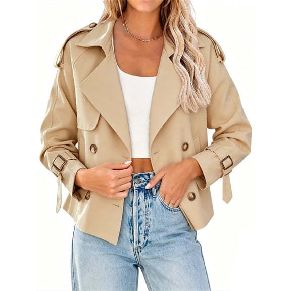 Double Breasted Women Solid Color Casual Crop Trench Coat Lady Office Jacket with Pocket