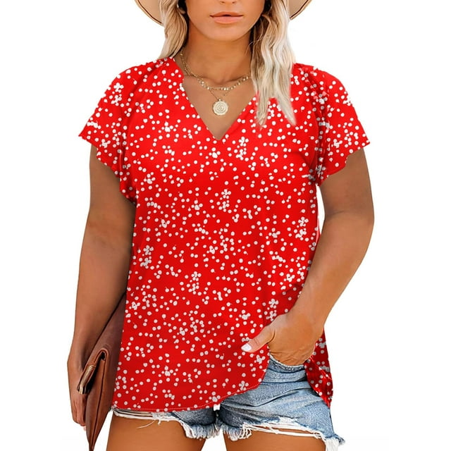 Camisa Eytino para mujer, talla grande, manga corta, cuello en V, gasa roja