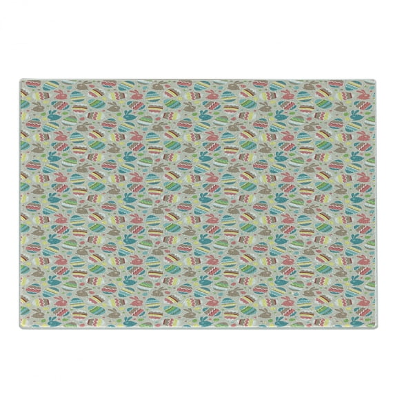 Easter Cutting Board, Cartoon Style Holiday Celebration Elements Zigzags and Waves with Bunnies and Dots, Decorative Tempered Glass Cutting and Serving Board, Small Size, Multicolor, by Ambesonne