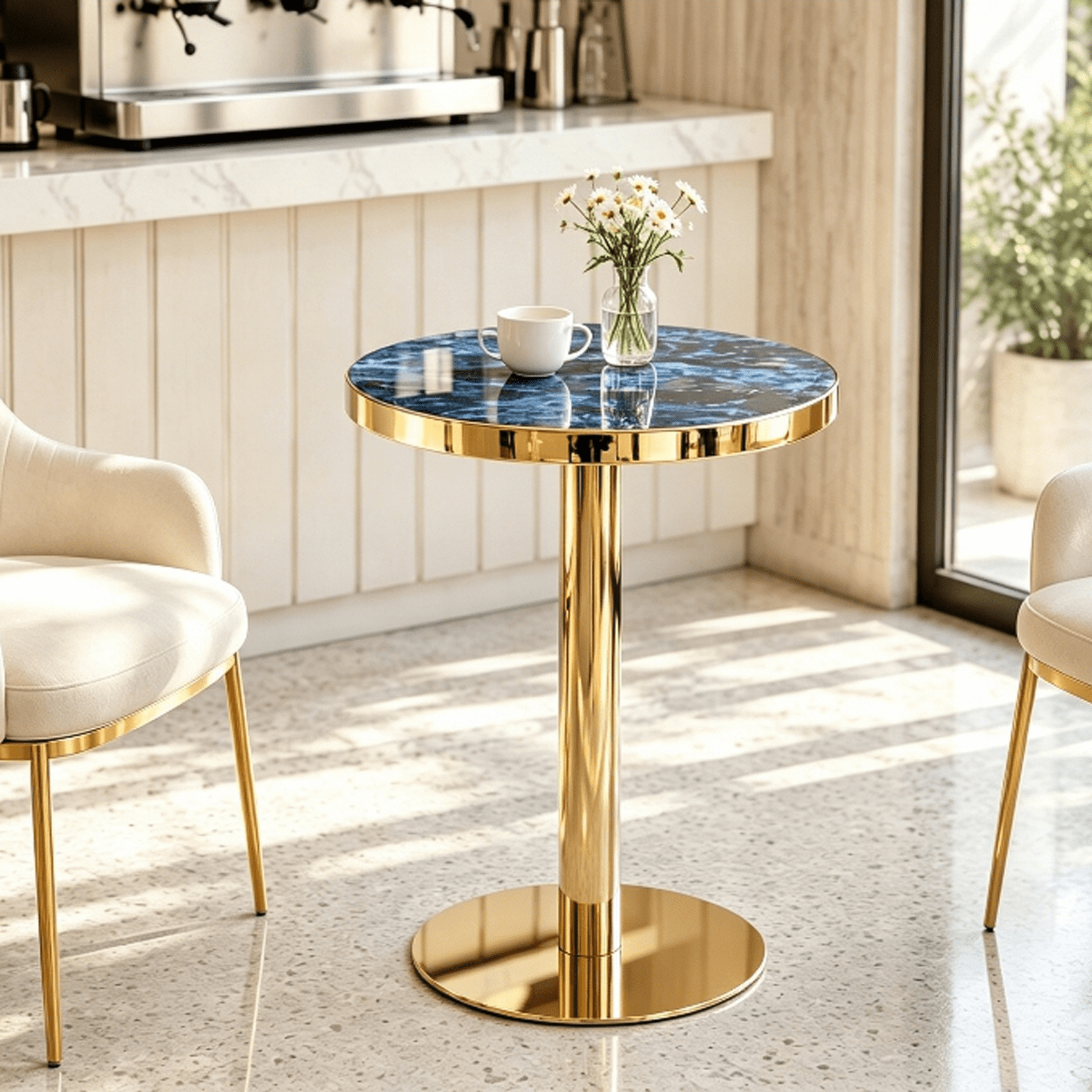 23.6" Round MDF sprayed with UV paint countertop, marble texture, stainless steel edging, metal table legs, modern light luxury edge/coffee table.