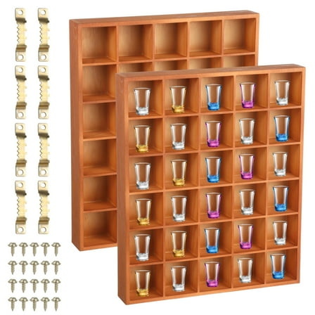2 Pcs Shot Glass Display Cases, 30-Slot Wooden Shot Glass Holders, Desktop & Wall-mounted Shot Glass Shelves, Rustic Collection Organizers, Freestanding Display Racks for Decor