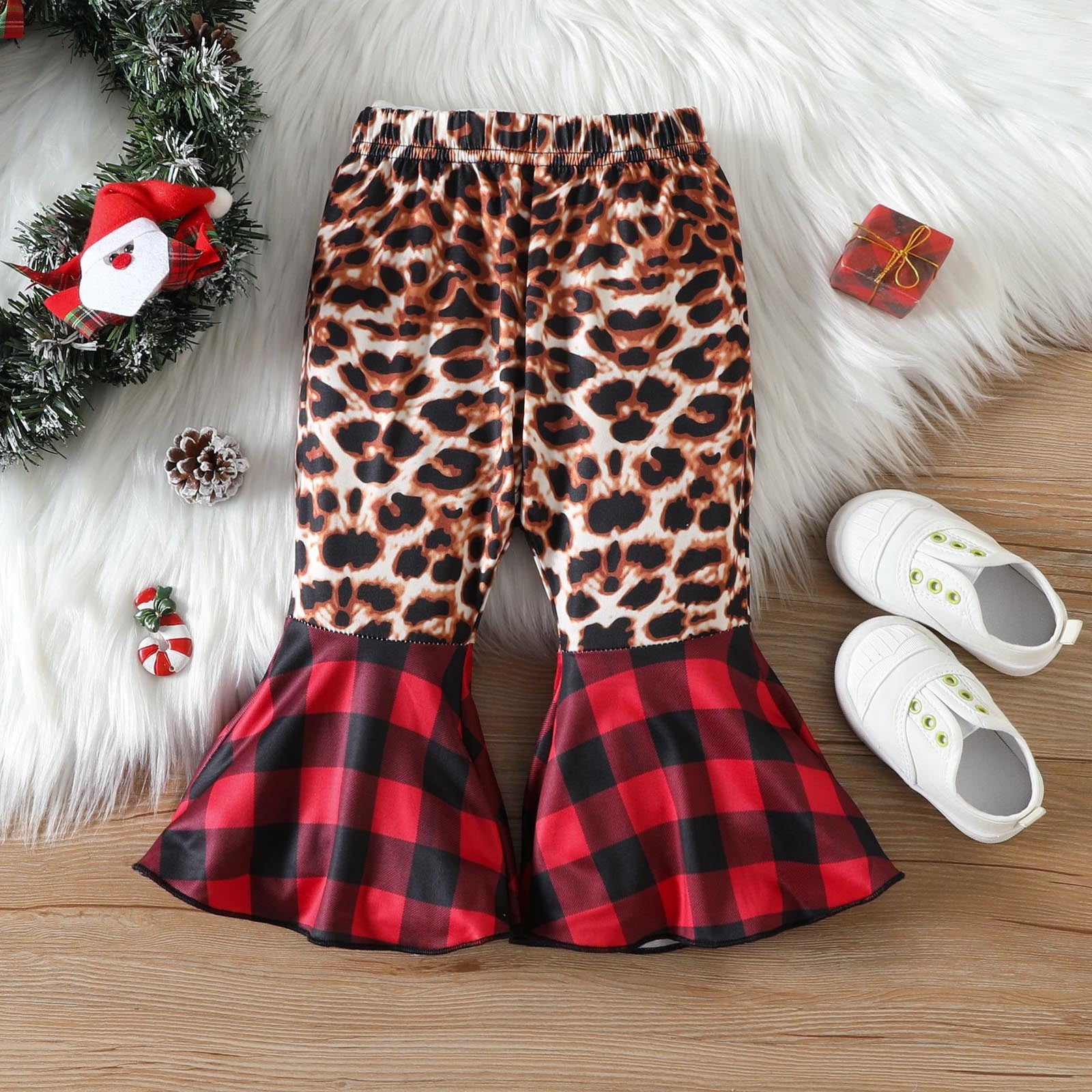 2-piece Kid Girl Long Bell sleeves Black Tee and Bowknot Design Plaid Straight Pants Set