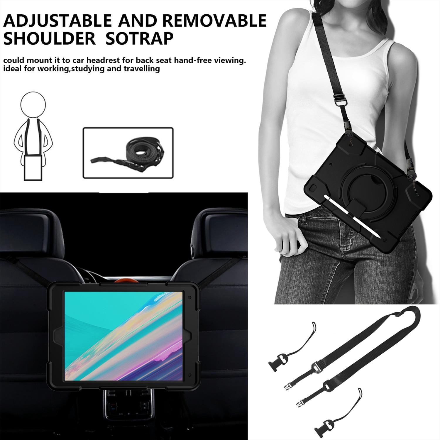 Allytech Case for iPad 9th/8th/7th Generation 10.2", Kids Case with 360° Rotating Folding Ring, Pencil Holder, Strap Drop-Proof Case for iPad 9/8/7 Gen 2021/2020/2019, Black