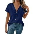 thumbnail image 2 of YTCAMLO Collared V Neck Womens Cotton Linen Blouses Casual Solid Short Sleeve Shirts Lightweight Button Business Tunic Tops, Navy XL, 2 of 7