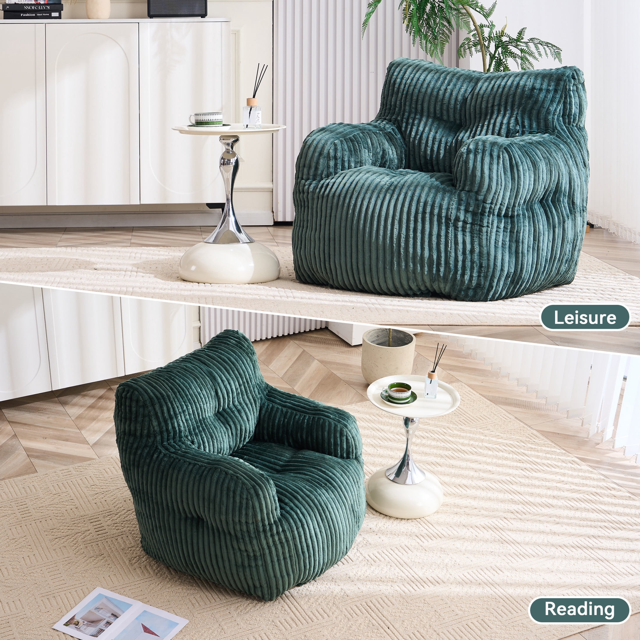 Noble House Solley 39" Fluffy Corduroy Bean Bag Chair, Memory Sponge Floor Lounger Accent Seat for Living Room, Green