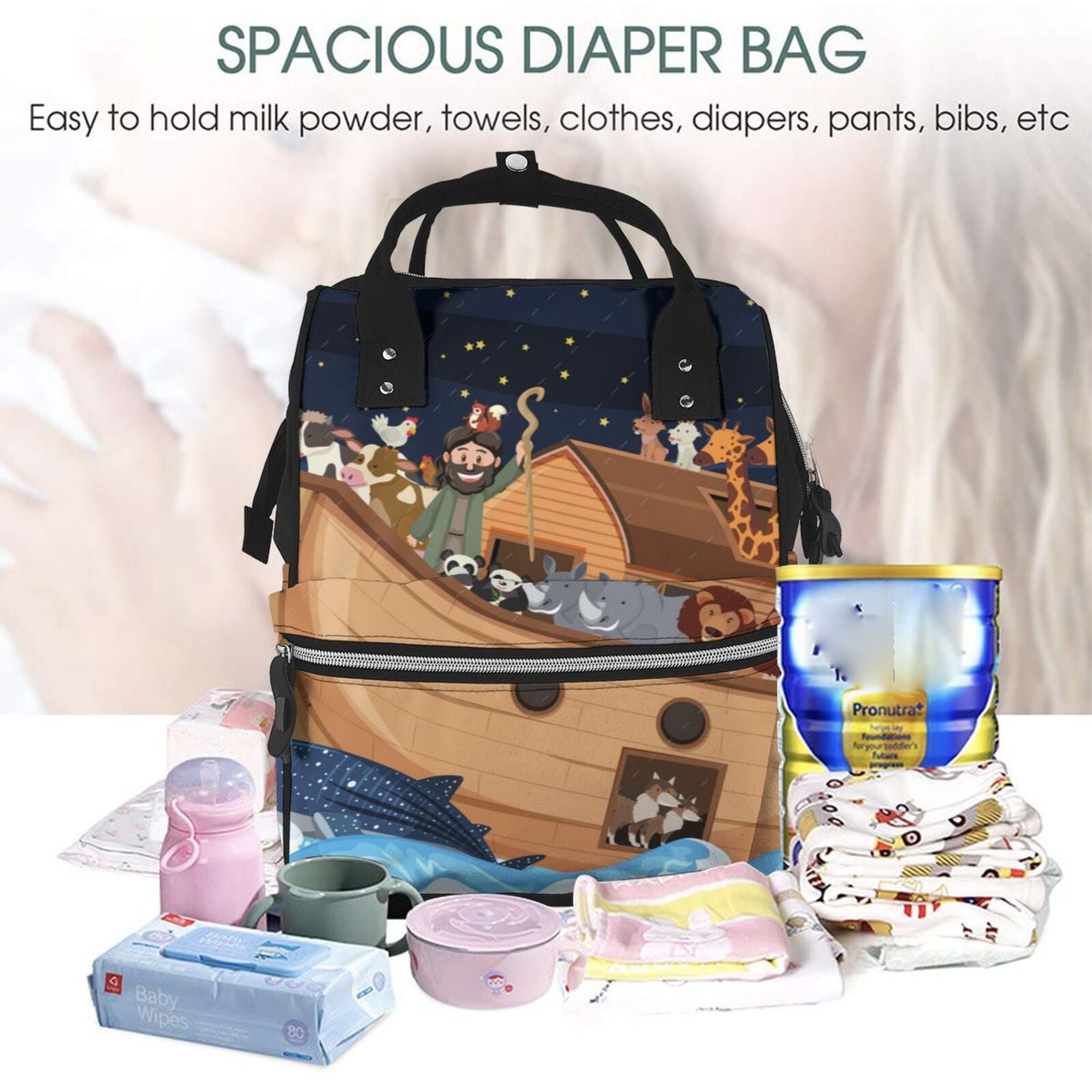 Ratiio Ocean Scene with Noah's Ark Mummy Backpack - Waterproof Twill Canvas, Large Capacity Diaper Bag with Multiple Pockets and Adjustable Straps