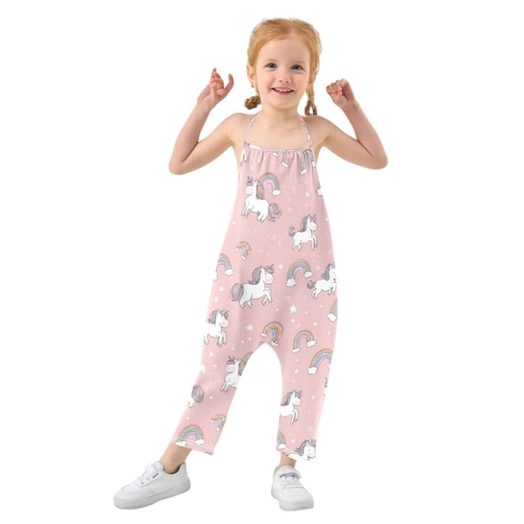 Girls' Jumpsuits Rompers Summer Casual Sleeveless Rompers With Pockets Spaghetti Strap Romper Cute Unicorn Pattern 1T