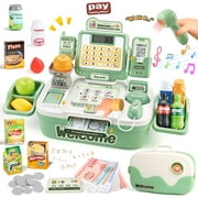 UUSUOO Cash Register for Kids Ages 4-8, 42PCS Cashier Register Toy, Kids Pretend Play Cash Register Toys with Sound Scanner,Credit Cards,Play Food & Money,Christmas Toys for Kids 3-6,Green