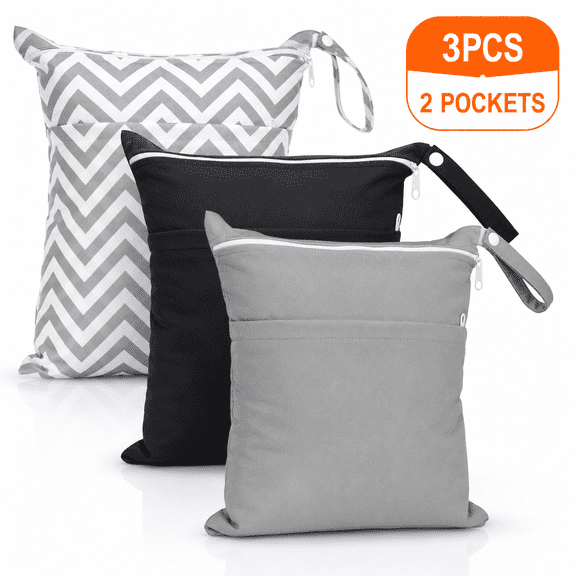Wet Dry Bags for Cloth Diapers Travel,Swimsuit,Beach,Pool,Gym,Wet Clothes Bag with 2 Pockets 3 Pack