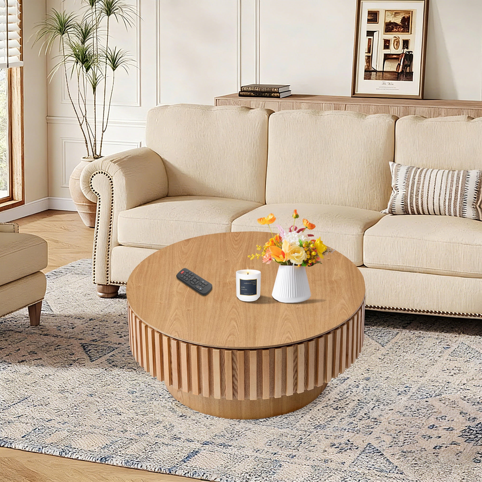 FFH 31.5" Round Coffee Table with Storage, Small Wood Coffee Table with Sturdy Pedestal for Living Room, Apartment, Ash