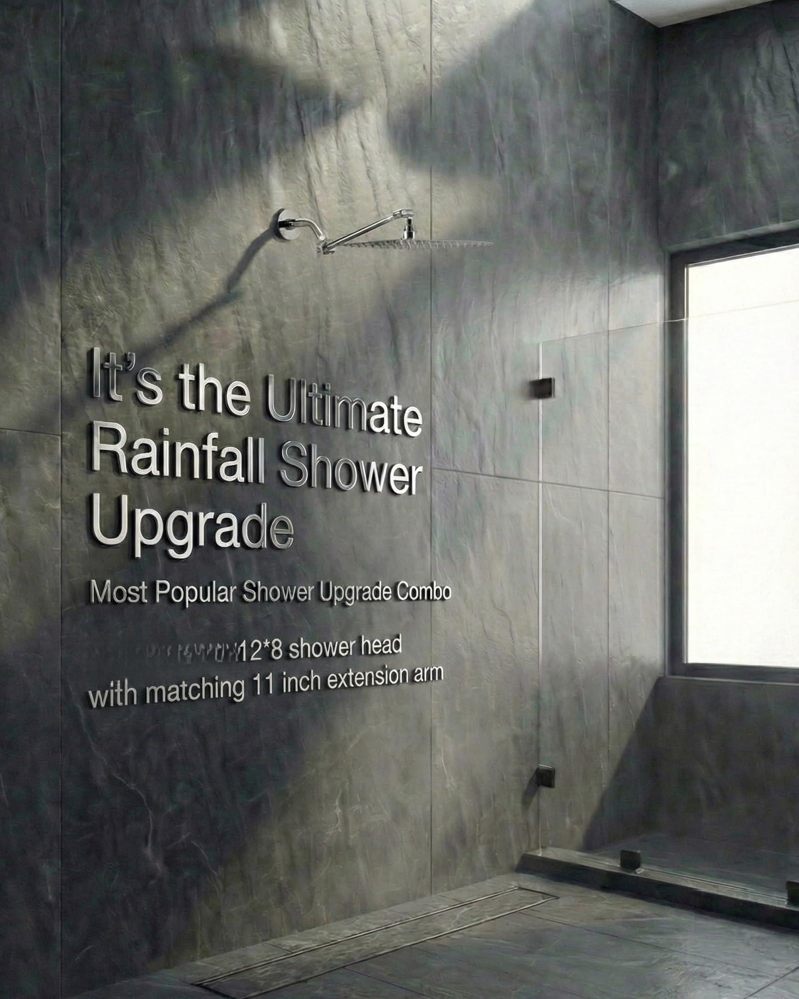 All Metal Rain Fixed Shower Head  12 * 8'' High Rainfall Rectangle Showerhead With 11" Extension Arm Waterfall Showerheads Chrome