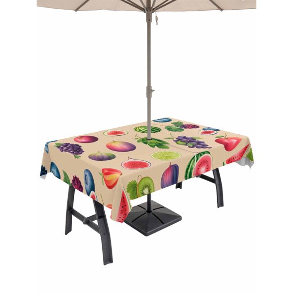 Outdoor Tablecloth with Umbrella Hole for Patio/Picnic/Party/Camping, Summer Fruits Waterproof Table Cloth Rectangle Table Cover Washable, Watermelon Berry Lemon Botanical Beige (52"x 70")