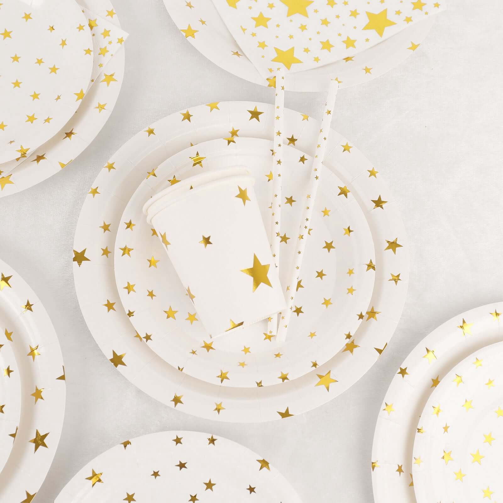 Efavormart 120 Pcs White/Gold Stars Disposable Party Supplies Kit, Paper Plates Cups Napkins Tableware Combo Pack