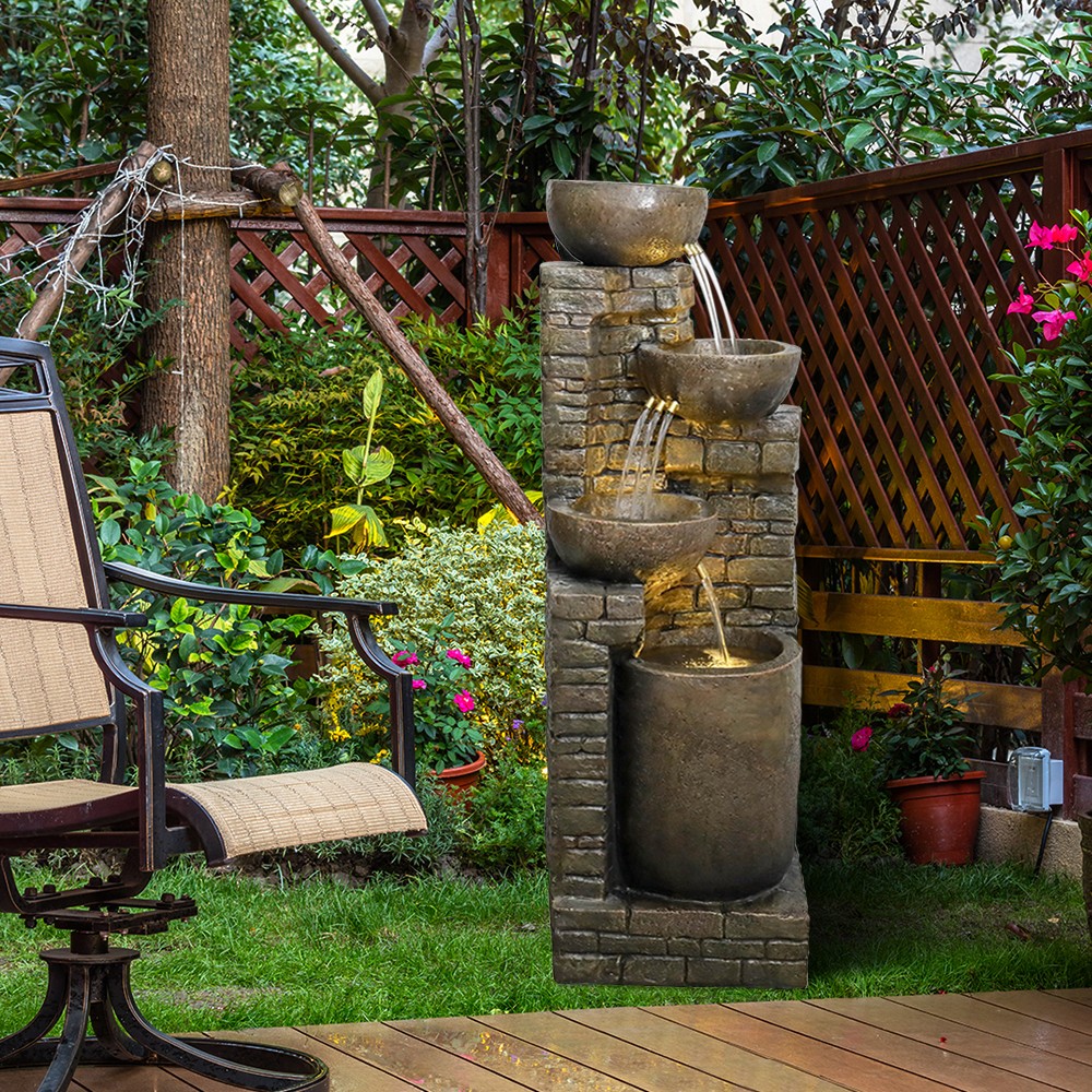 38.2" Outdoor Water Fountain with LED Lights - 4-Tier Cascading Waterfall Fountain for Garden and Yard Decor