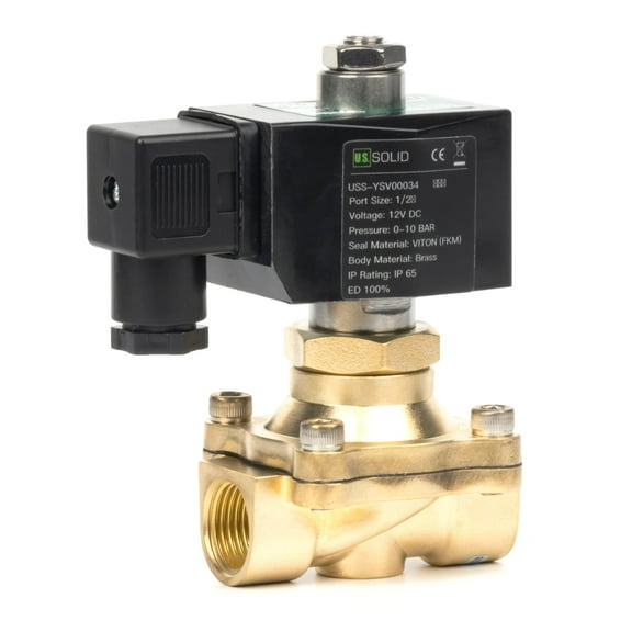 U.S. Solid 1/2" Brass Solenoid Valve - 12V DC, Normally Open, 145 PSI Electric Valve for Water, Air, Diesel