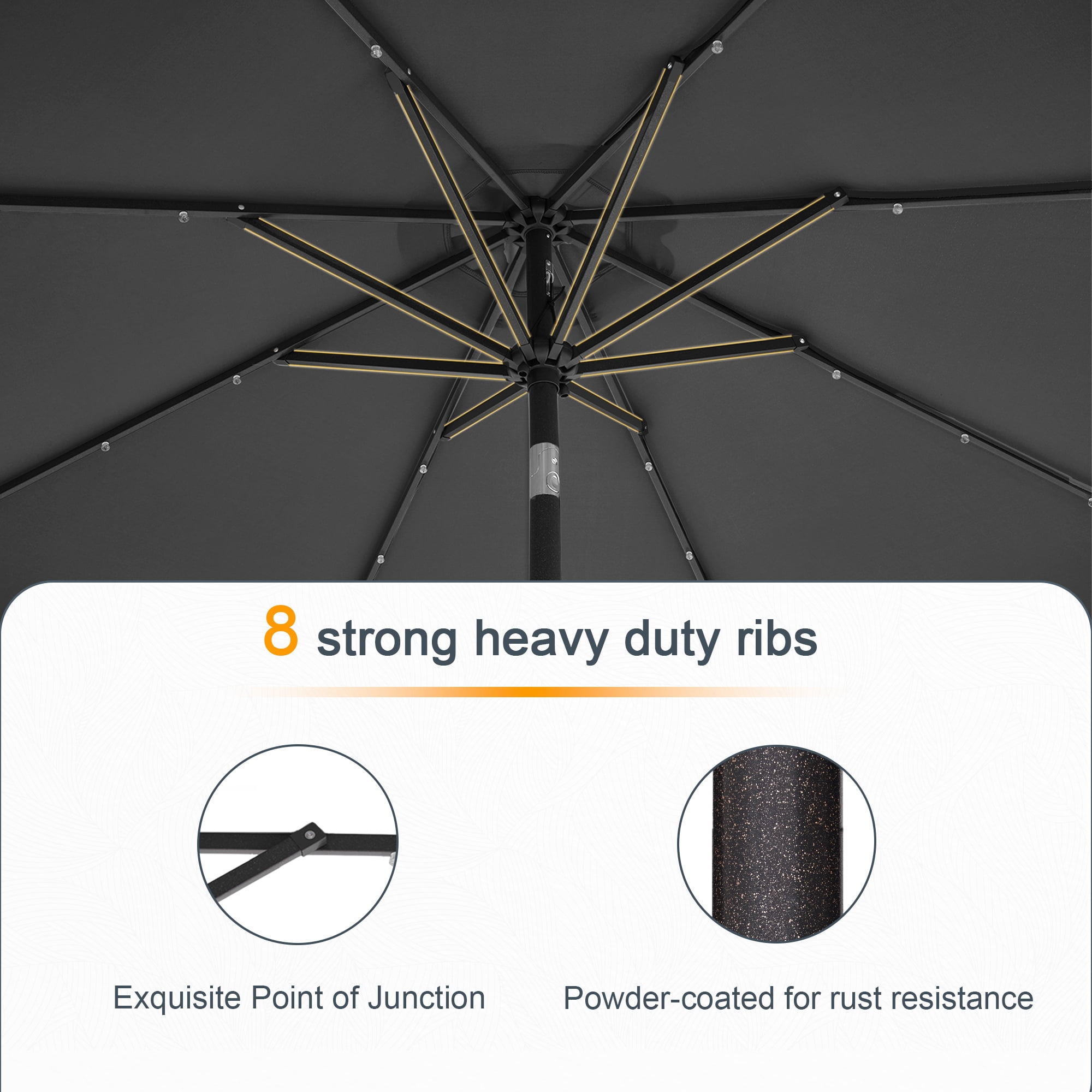 ACEGOSES 9ft LED Outdoor Patio Deck Solar Light Umbrellas w/ Tilt,Crank and 8 Ribs,Black