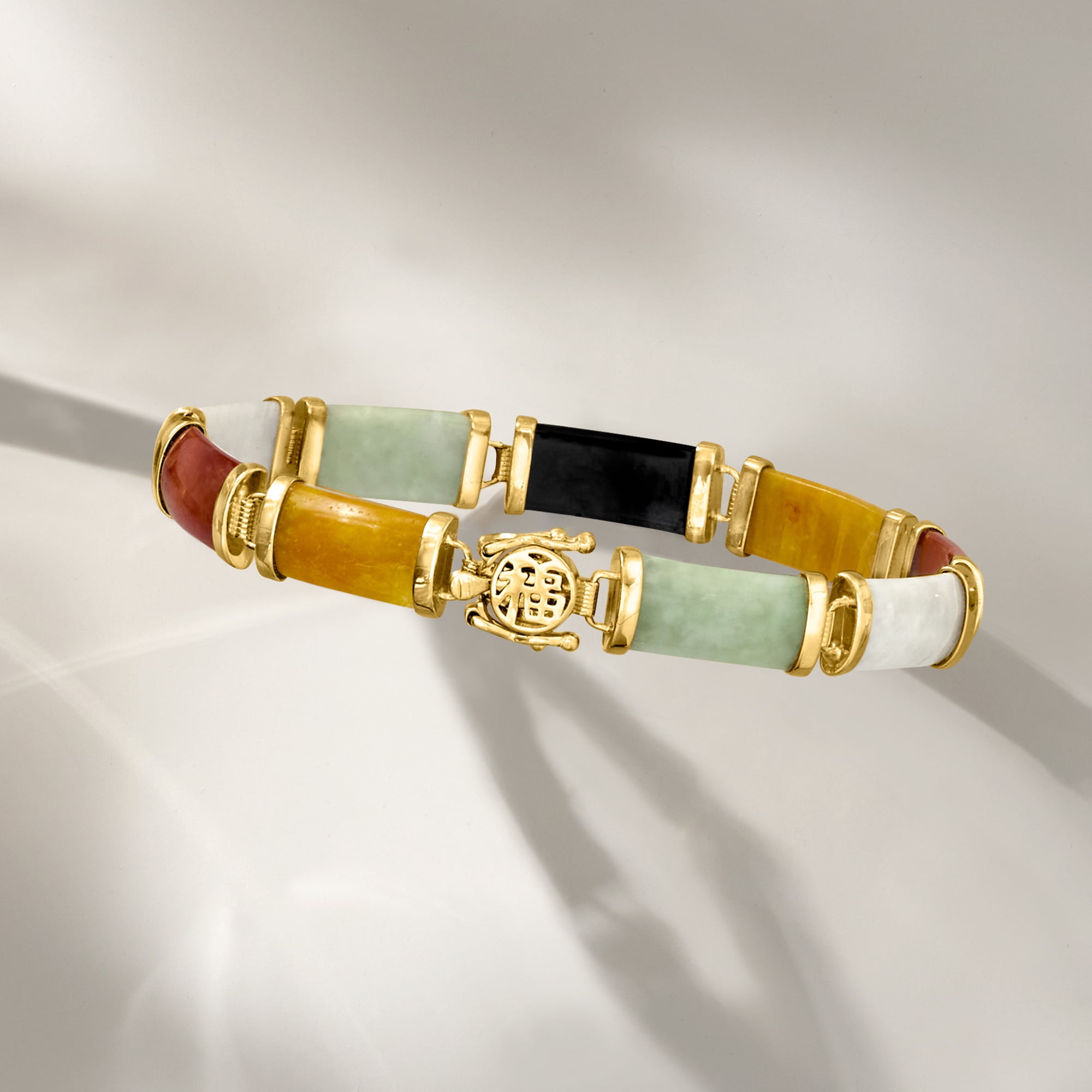 Ross-Simons Multicolored Jade "Good Fortune" Bracelet in 18kt Gold Over Sterling, Women's, Adult