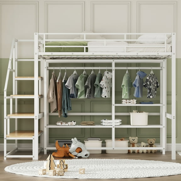 Full Size Metal Loft Bed with Wardrobe and Storage Shelves, White