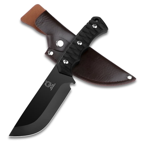 Plys Camping Knife with Sheath, Full Tang Outdoor Hunting Gear Tactical Fixed Blade Knives with PP Fiber Handle, 4 inch Black Straight Blade