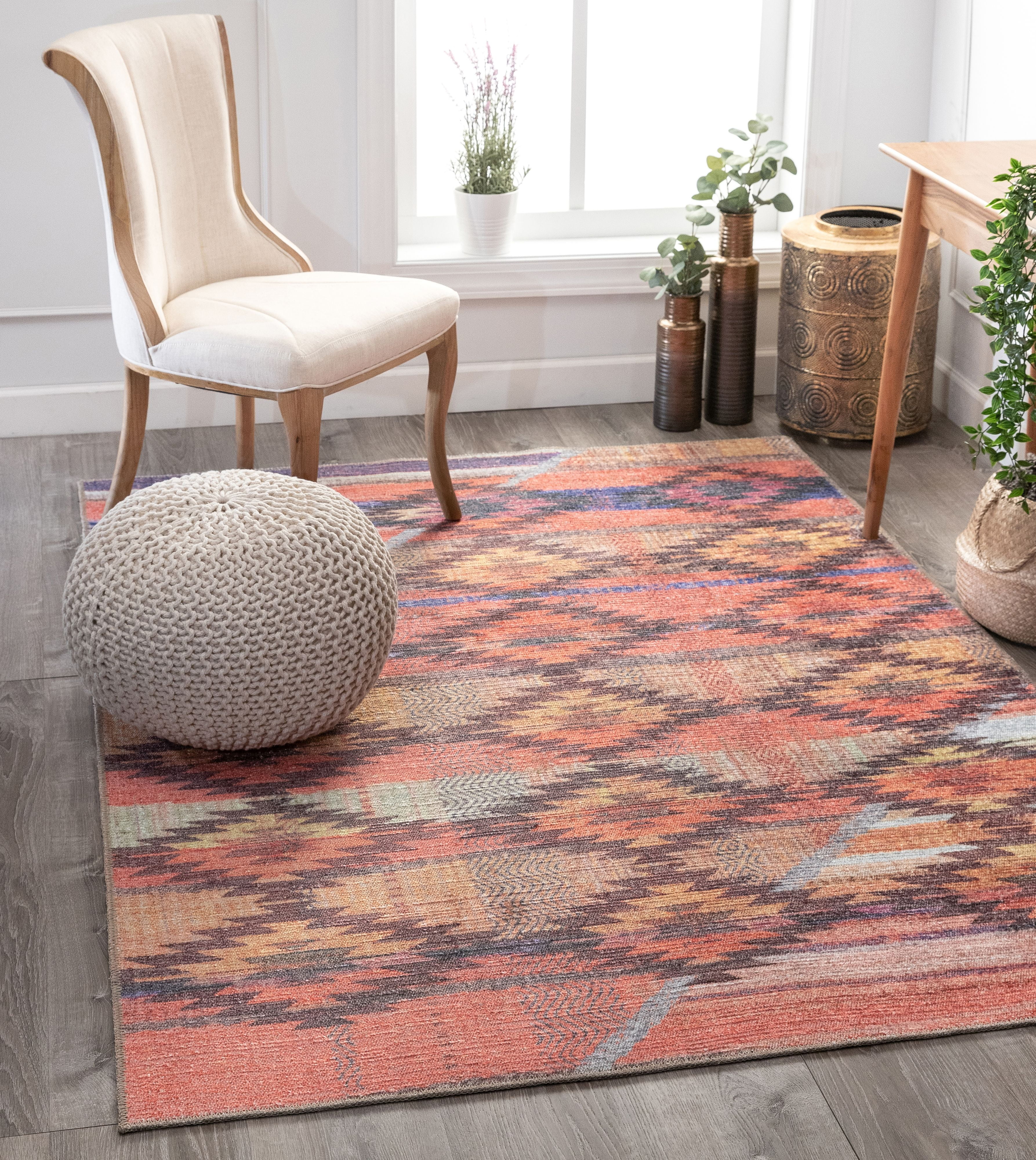 Well Woven Posh Trio Southwestern Geometric Melon Machine Washable 5' x