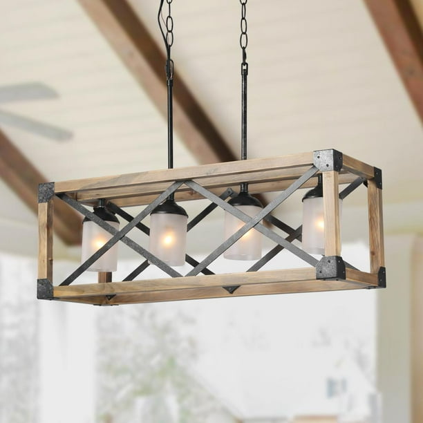 LNC Rectangle Dining Chandelier 4Light Wood Cage Lighting Fixtures for Kitchen Island Walmart