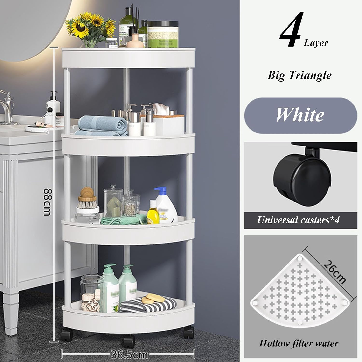 Kingfansion Four-Layer Movable Corner Rack, Plastic Bathroom Storage Shelf with Wheels, Waterproof Kitchen Organizer for Snacks/Toiletries