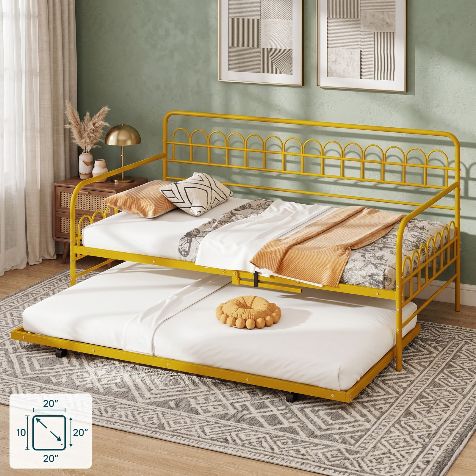 Furnibear Twin Metal Daybed with Pull-Out Trundle and Arched Rail Detailing on Lockable Casters for Bedroom and Guest Room, Gold