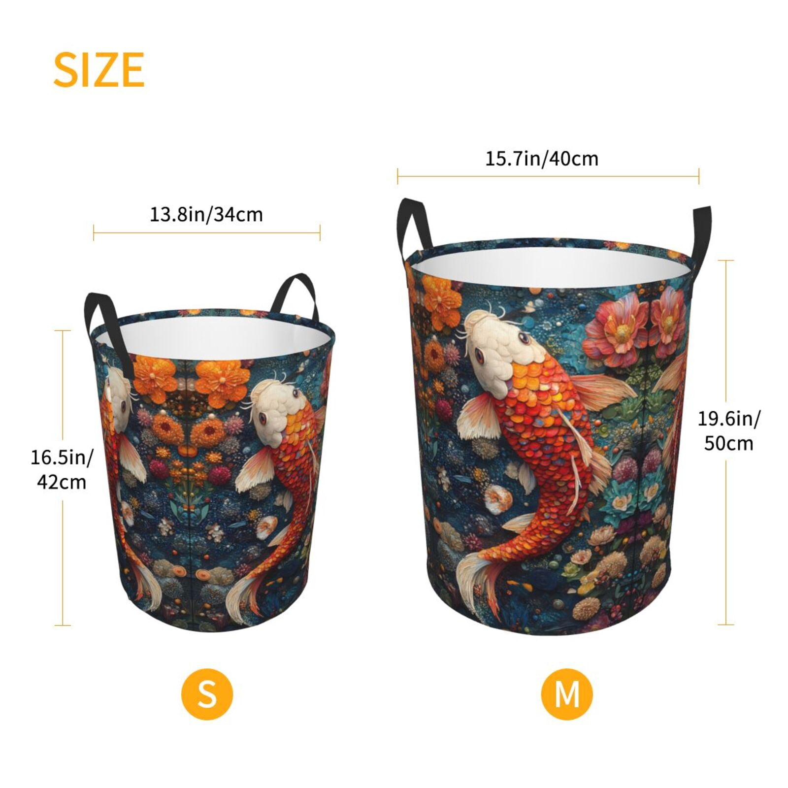 Large Laundry Basket with Handles - Vibrant Koi and Flowers Kids Baby Dirty Clothes Laundry Hamper for Bedroom Aesthetic