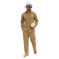 thumbnail image 3 of GrmtClth Casual Summer 2 Piece Matching Sets For Men Linen Blend Long Sleeve Button Shirt Adjustable Drawstring Straight Pants Solid Tone Seaside Daily Vacation Suit Khaki 3XL, 3 of 7