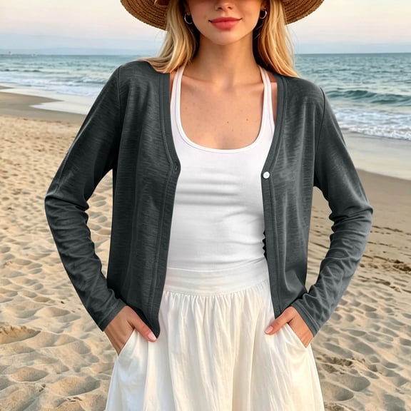 Mifsaly Summer Cardigans for Women Lightweight Open Front Short Cardigan Long Sleeve V Neck Flattering Beach Layering Tops Gray,S