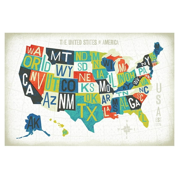 Beautiful Colorful Letterpress State Map of The United States by Michael Mullan; One 36x24in Fine Art Paper Giclee Print