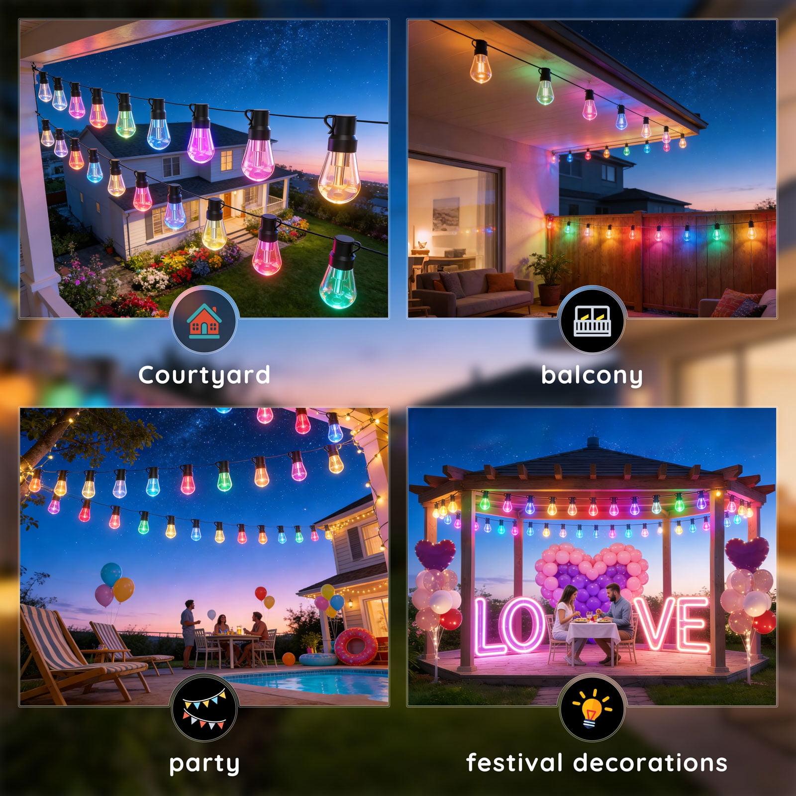 300FT RGB Outdoor String Lights, +IC Outside Light Dimmable Shatterproof LED Bulbs, IP67 Waterproof Chasing Effect Lighting DreamColor Patio Strip Lights for Backyard, Balcony, Outdoor Living