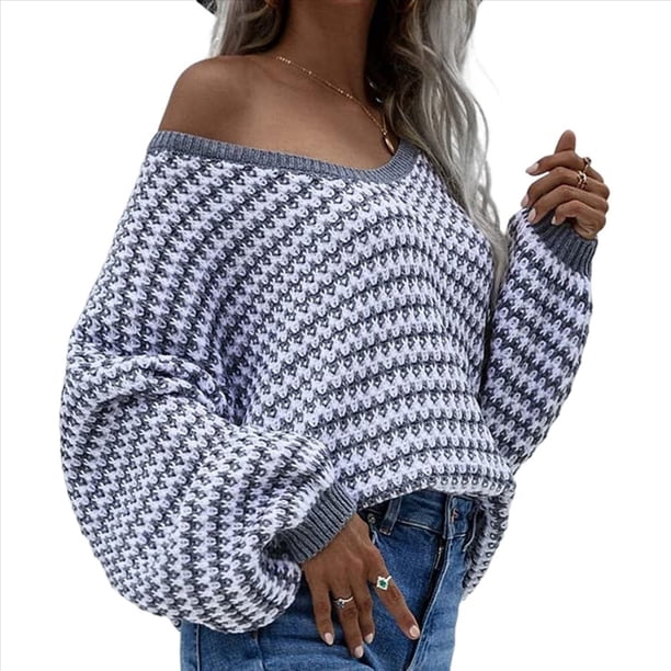 Suéter Holgado de Cuello Redondo, Larga, Hombros Descubiertos, Tejido Liso, para Mujer, para Otoño. Gris S