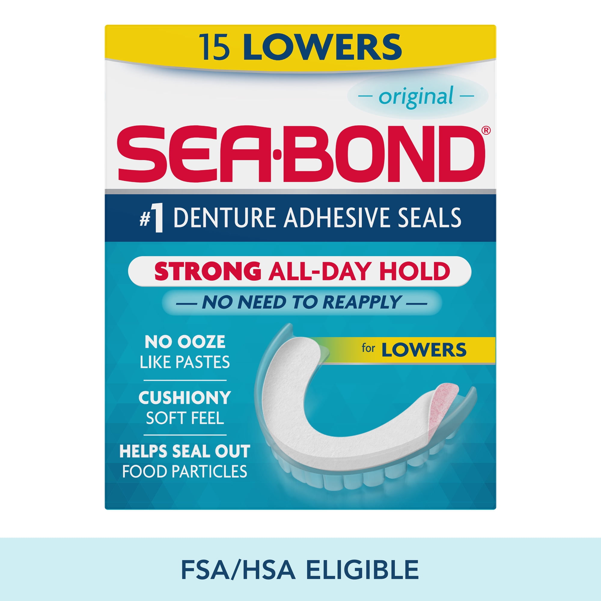 Sea Bond Secure Denture Adhesive Seals, Original Lowers, Zinc-Free, All-Day-Hold, Mess-Free, 15 Count