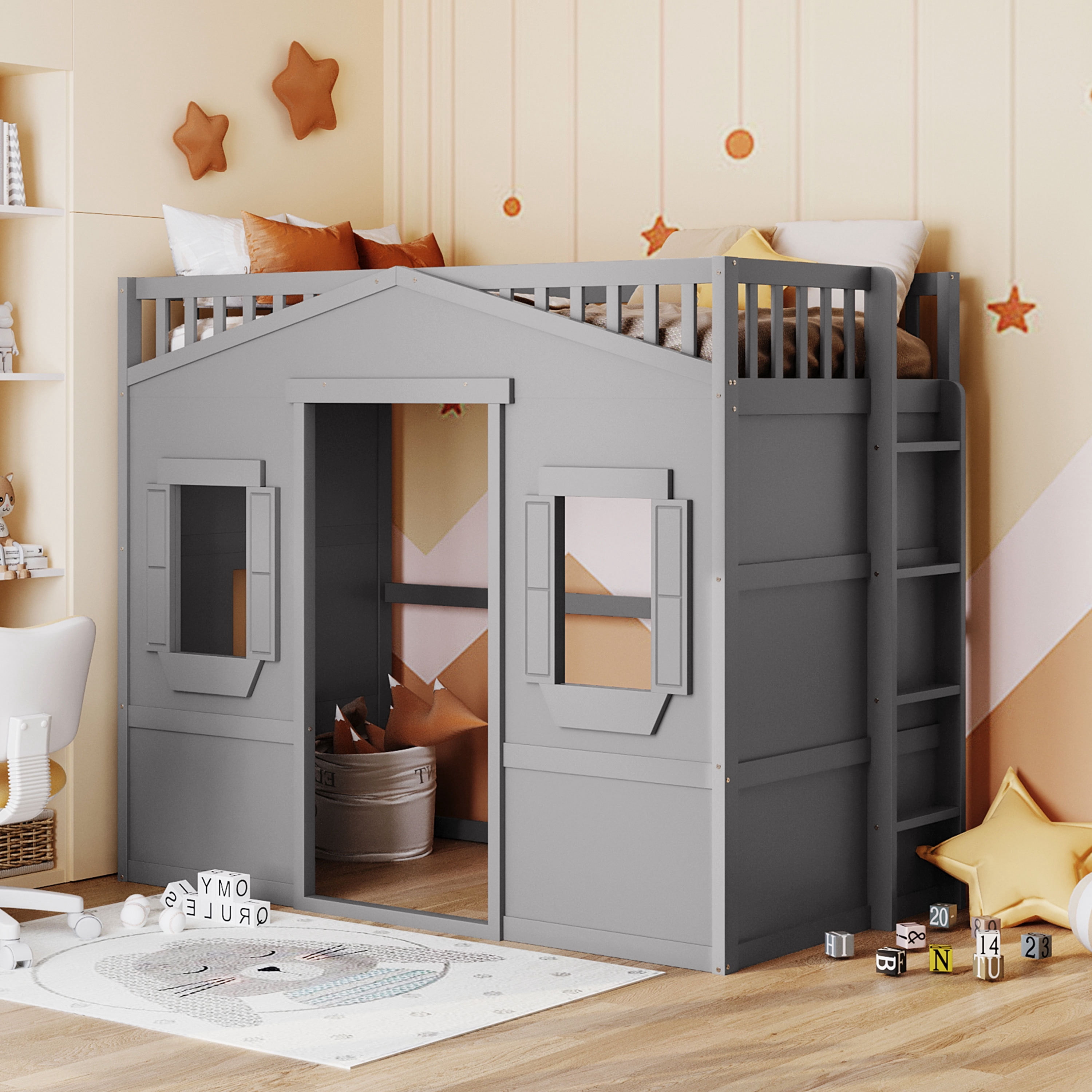 Twin Size Loft Bed, Wood House-shaped Bed Frame with Window and Ladder ...