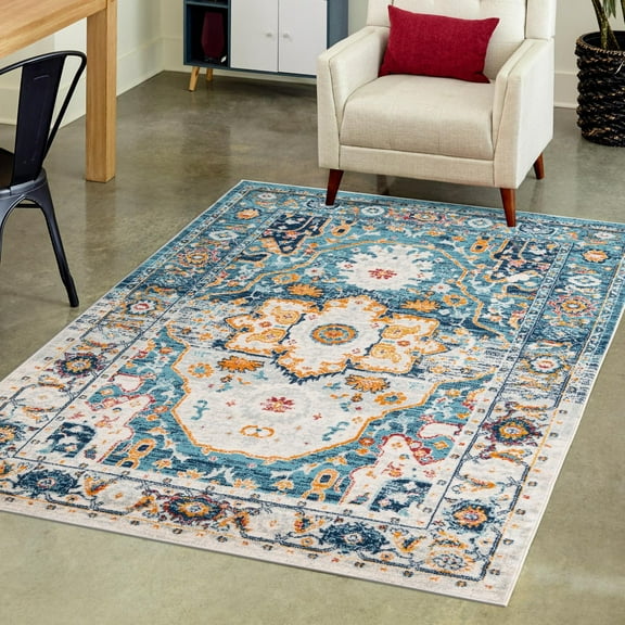 Unique Loom Madeline Vintage Collection Area Rug - Jackson (6' x 9' Rectangle Teal/Ivory)