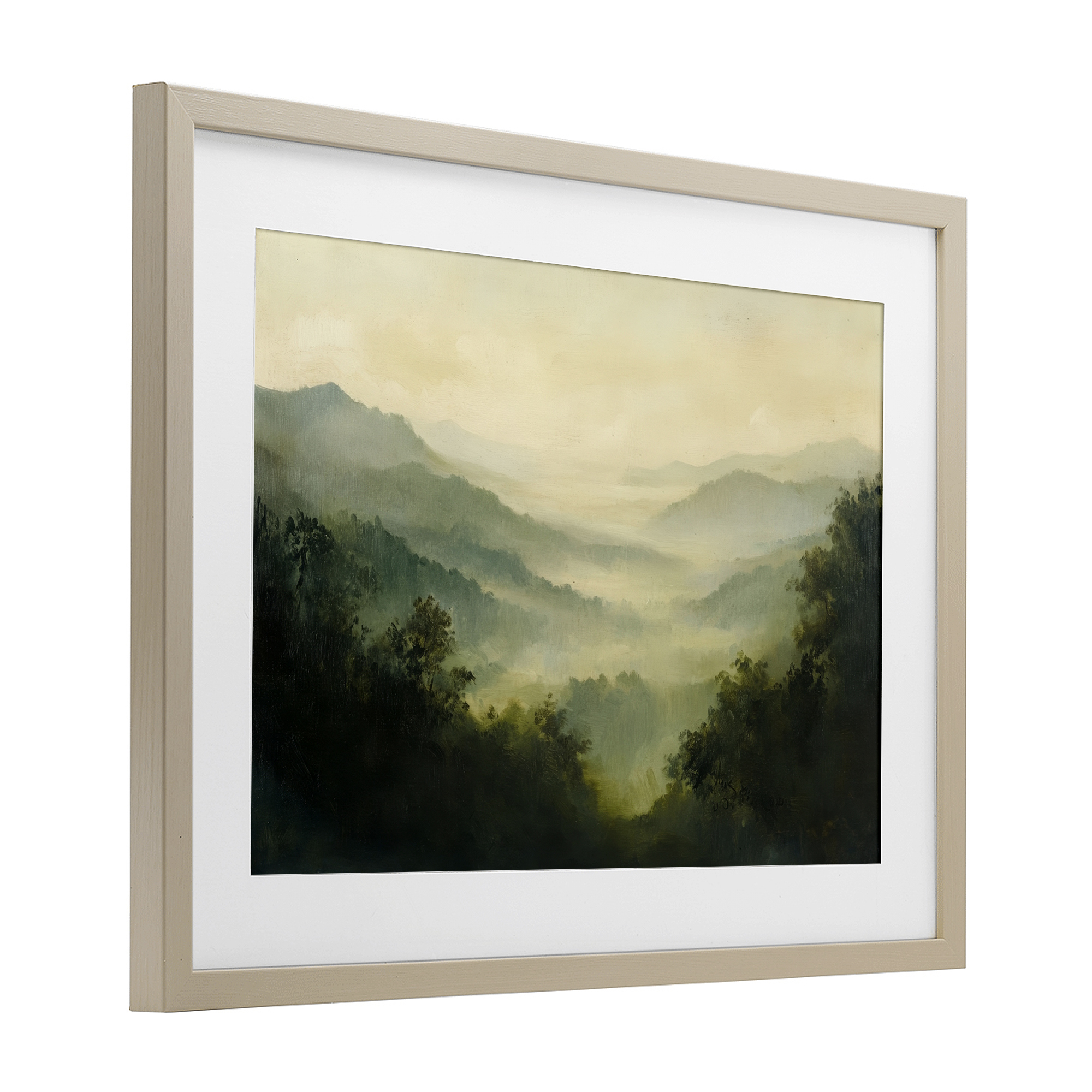 Through The Haze Landscape Birch Framed Print Under Glass, design by Petal Prints Design