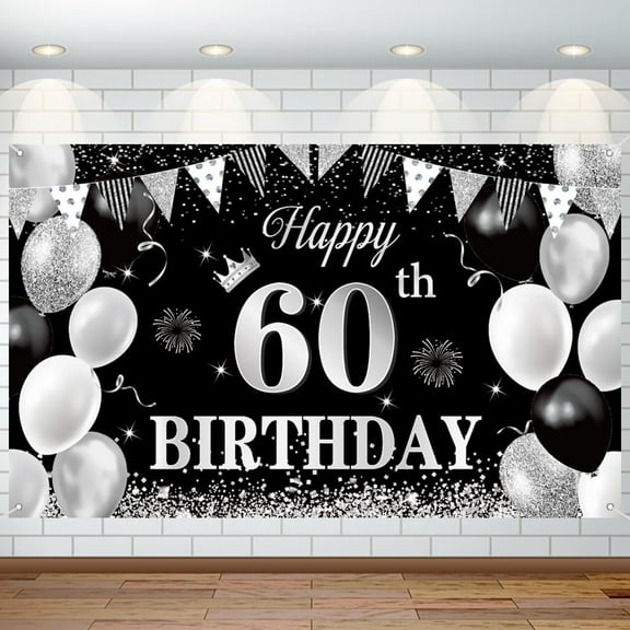 Lheaggik 60th Birthday Decorations for Men Women Happy 60th Birthday Banner Large Size Black Silver Birthday Backdrop Banner for 60 Years Old Anniversary Birthday Party Photo Prop
