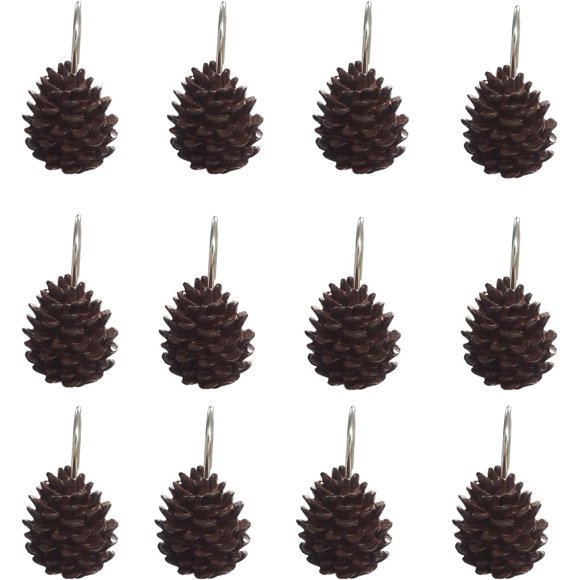 shiyou-Pinecone Shower Curtain Hooks, 12 Pcs Resin Pothook Anti Rust Decorative Shower Sliding Hooks Bathroom Rolling Hangers Curtain Rings for Christmas Bedroom Decor