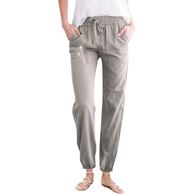 Ladies Pants Casual Simple Fashion Solid Color Pants Partial Dandelion Print Pocket Drawstring High Waisted Pants Grey L