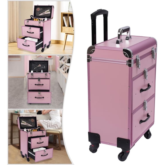 Rolling Makeup Trolley Case, Nail Polish OrganizerSmall Train Makeup Case with 2 Sliding Drawers, 4 Locks and Wheels for Hair Stylists, Nail Technicians, Pink
