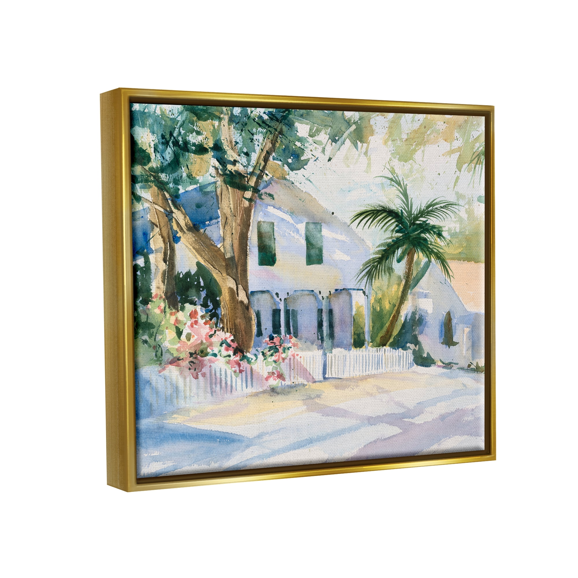 Stupell Industries Seaside Neighborhood Palm Trees Coastal Painting Gold Floater Framed Art Print Wall Art