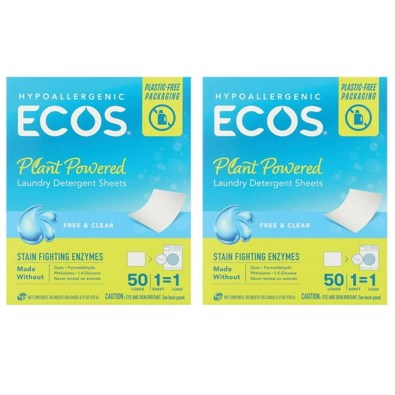 ECOS Laundry Detergent Sheets, Hypoallergenic, 50ct, Free & Clear, Pack of 2
