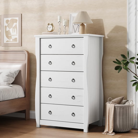5-Drawer Dresser Modern Wood 45" Tall w/ Metal Ring Handles, Antique White