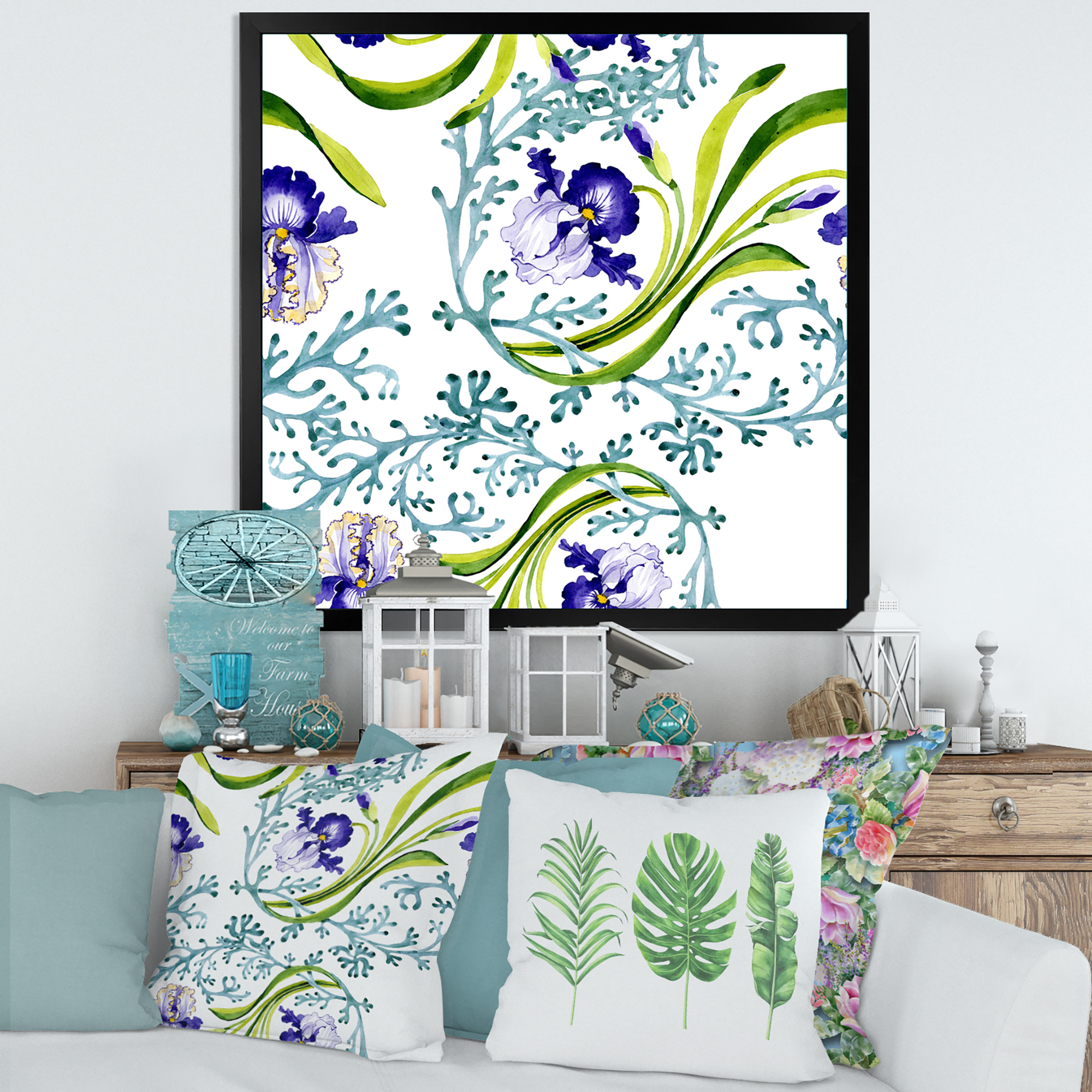 Abstract Blue Iris With Wild Spring Leaves 30 in x 30 in Framed Painting Canvas Art Print, by Designart