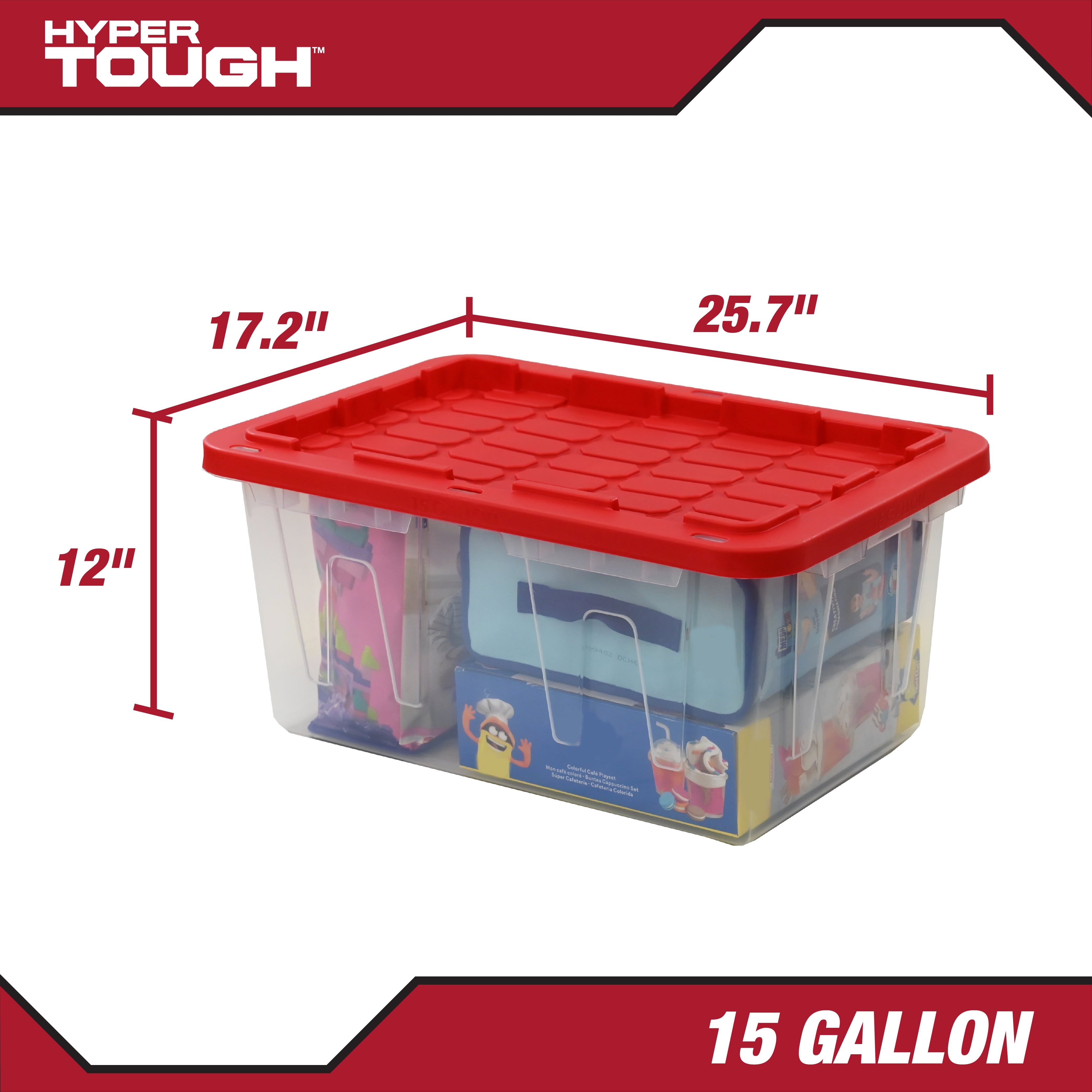 (Pack of 4) Hyper Tough 15 Gallon Clear Storage Bin with Red Snap Lid, Heavy Duty Plastic Storage Container