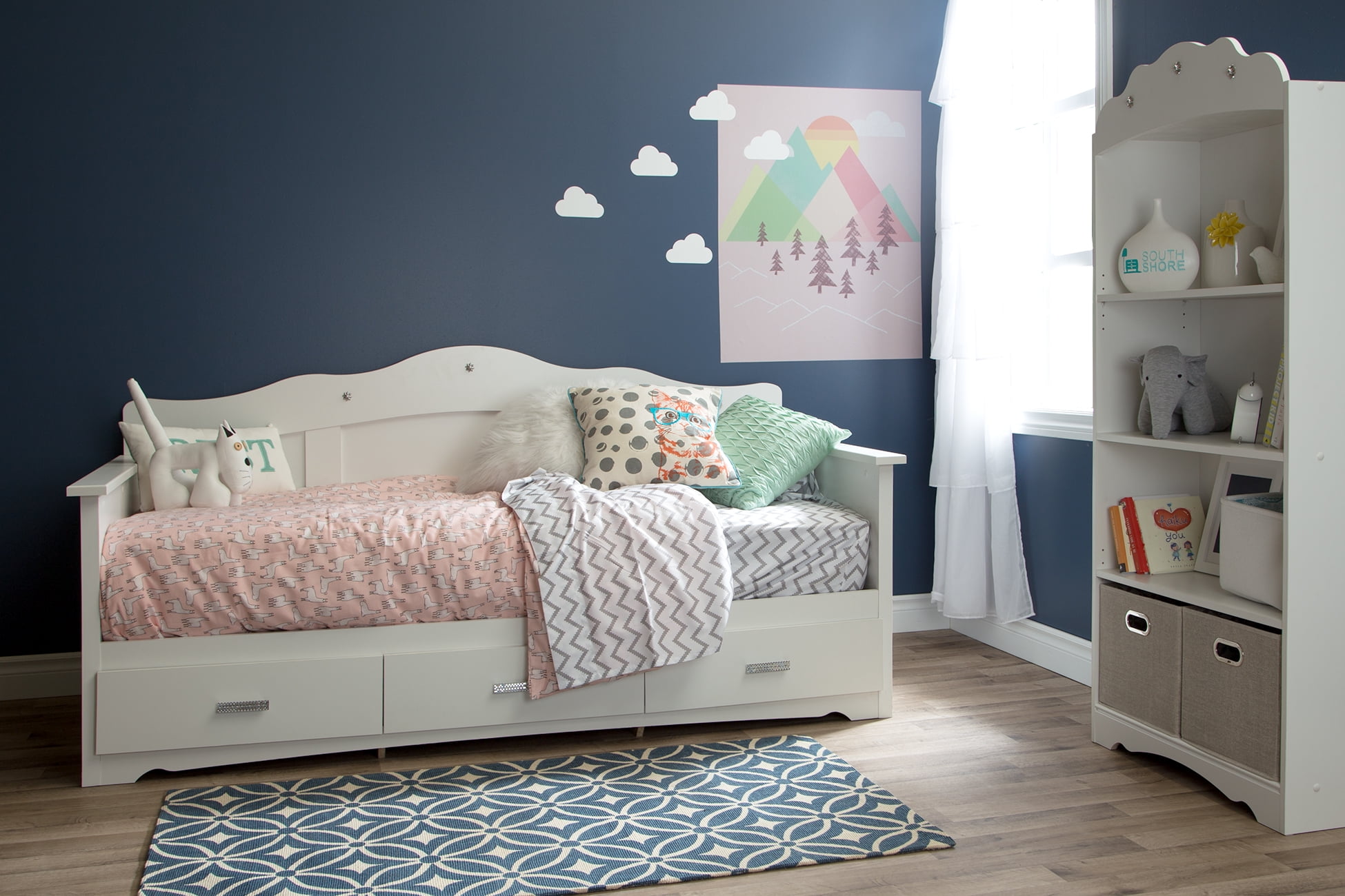 Lit divan avec rangement Simple, fini Blanc solide, collection Tiara de Meubles South Shore